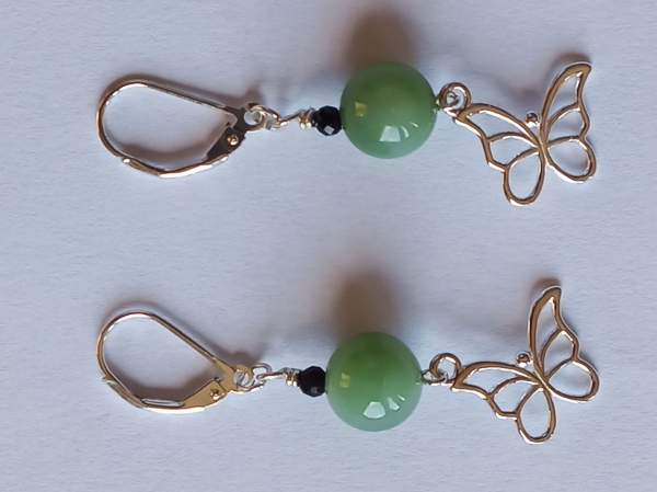 silver earrings-leverbacks with jadeite and tourmaline beads and butterfly-the colours are green and black--